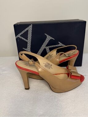 Anne Klein Tan and Orange Slingback Peep-Toe Heels with Bow Accent Size 8